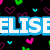 Pixelated text 'ELISE' in white with blue outline on black background, surrounded by floating hearts and colored dots.