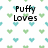 Pixelated text and heart symbols on a white background with green and blue hearts, including 'Puffy Loves', 'Lana Bear Jojo Samii', and '=U =R =O =C =K' in black font.