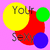 A pixelated image with overlapping colored circles and partial text on a pink background, showing two states of the same composition.