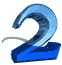 Blue 3D number two with light blue wave-like top, dark blue base, and gray curved line below on white background.