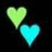 Two pixelated heart shapes, one light green and one cyan blue, positioned against a dark background with subtle color variations.