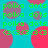 A static image with a cyan background featuring repeating pink and purple circles, green text reading 'polka dots' in multiple , and pixelated green symbols resembling 'GxxxG' scattered throughout