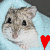 Pixelated close-up of a light brown and white hamster with black eyes, positioned against a light blue background featuring a red heart symbol.