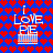 Pixelated 'I LOVE PE' text over a blue background with red heart pattern, featuring a striped cake-like shape below the text.