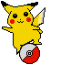 Yellow cartoon character with red cheek circles and black-tipped ears stands on a red-and-white spherical object against gray background.