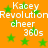 Static orange background with green stars and repeated white text reading 'Kacey Revolution cheer 360s' in a pixelated font.