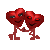Six pixelated red heart-shaped characters with stick limbs holding hands in a 3x2 contact sheet, each frame showing subtle facial expression and eye color variations.