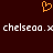 A dark red background features an orange pixelated heart symbol above repeated white pixelated text reading 'chelseao.x chelseao.x'.