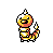 Pixel art animation of a yellow-orange caterpillar-like creature with white stripes and flame-tipped tail in multiple poses across seven frames.