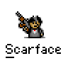 A 4x3 contact sheet of a pixel art animated icon featuring the character Scarface holding a shotgun, with varying speech bubbles and animation effects across frames.