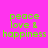 A static image with a bright pink background and yellow rectangular blocks, displaying green text reading "peace love & happiness" in multiple repeated sections.