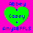 Four identical green heart-shaped icons with blue text on a pink background, each displaying 'Abbey + Casey + Amy=BFMLS' in pixelated font.