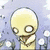 Four distinct pixelated scenes of yellow blob characters with large eyes, each in different poses and backgrounds including flowers, an umbrella, and text.