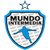 Pixelated shield-shaped icon with blue border, white background, and blue star at top; black text "MUNDO" above "SITIOS" with blue soccer player silhouette below.