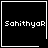 Four black square with white borders display "SahithyaR" text; bottom-right has a star symbol, top-right has a heart