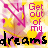 Yellow circular icon with pink text 'Get out of my dreams' repeated in a pattern, black pixelated border