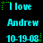 Pixelated cyan text on black background with green star accents, displaying 'I love Andrew' and '10-19-08' in a repeating pattern.