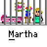 Animated contact sheet showing five frames of a pixel art character named Martha in prison cells with changing speech bubbles and slight pose adjustments.