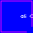 Four blue square with pink borders display "ali" text and symbols; top-right shows a pink heart, bottom-right shows a pink starburst, others show partial symbols