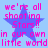 A static pixel art image with a light blue background, featuring four identical blue stars and pink text reading "we're all shooting Stars!! in our own little world" arranged in a