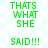 Green pixelated text on a light blue and white checkered background, repeating 'THAT'S WHAT SHE SAID!!!' in two vertical