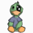 Pixelated green creature with large black eyes, wearing blue shirt and orange feet, seated against white background.