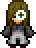 Pixel art avatar with long brown hair, gray and white outfit, brown shoes, and a green cross symbol over one eye in some frames.