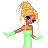 Pixel art of a woman with blonde hair in an updo wearing green gloves and dress, standing next to a green triangular shape on white background.
