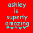 Red background with cyan text reading 'ashley is superdy amozing' and five star-like symbols below, where the third symbol changes from gray to cyan between frames.