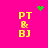 Bright pink background with four identical yellow text blocks arranged in a , each containing "PT & BJ" in pixelated font, with green pixel clusters animating at top-center, top-right, and center
