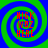Four identical spiral patterns with blue and green concentric rings, each containing red text reading "WICK WOZ HERE" in a pixelated font.
