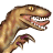 Pixelated dinosaur head with open mouth showing teeth, brown and tan body, pink interior mouth, yellow eye, visible claw on lower limb.