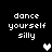Black background with white pixelated text 'dance yourself silly' and two heart symbols, one white and one gray.