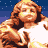Animated sequence showing a nativity scene with figures in a stable under a starry sky, transitioning from close-up to wider views.