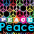 Pixelated icon with four quadrants: top-left shows peace symbols and 'PEACE' text, top-right has pink hearts and 'Love <3', bottom-left displays a white path with red/purple shapes and 'Music!', bottom-right is gray.