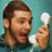 Pixelated image of a person with brown hair and beard holding a white object against a teal background.