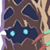 Pixelated static icon featuring a dark blue star-shaped character with glowing cyan eyes against a brown background with abstract shapes and colored accents.
