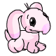 Pink cartoon dog with large black eyes and a pink nose sits in various poses