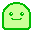 Six 32x32 pixel animated frames of a green cartoon character with varying shapes and expressions on a gray background.
