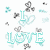 Pixelated turquoise text 'LOVE' and 'HAPPY' with scattered gray heart shapes on white background.