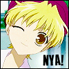 Anime-style character with blonde hair and a purple headband winking, wearing a light blue and pink outfit with 'NYA!' text in the corner.
