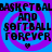 Pixelated text repeats 'BASKETBALL AND SOFTBALL FOREVER' with a heart symbol on a blue and purple spiral background.