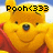 Pixelated image of a yellow bear with brown eyes and nose, wearing red clothing, under black text reading 'Pooh<333' against a blue-and-white background.