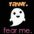 Pixelated ghost icon with 'fear me.' text above and below, orange 'Luv, Katy' text on white background with gray hearts.