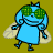 Pixelated blue figure with green hair, black outline, and beige wings against olive background.