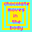Pixelated text "chocolate moves in the body" arranged within nested square borders on a cyan background, with yellow and light blue layers.