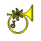 Yellow trumpet with green floral decoration and circular border; text changes from 'J' to 'JO' to 'JOY'; rightmost frame shows sound lines.
