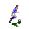 Pixelated animation of a soccer player in blue jersey and white shorts running with a soccer ball on a gray background.