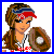 Pixelated buddy icon featuring a softball player on left and red text block on right with blue border.