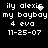 Pixelated text displays 'ily alexis', 'my boyboy 4 eva', and '11-25-07' on a black background with white characters, showing animation changes in the final character of 'alexism'
